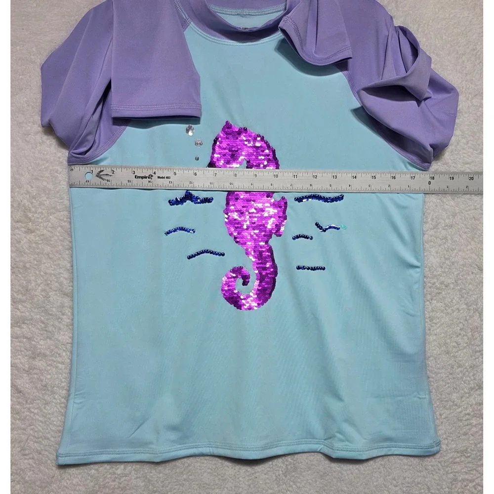Lands End Girls XL 14-16 Seahorse Flip Sequin Rash Guard Swim Top Blue/Purple